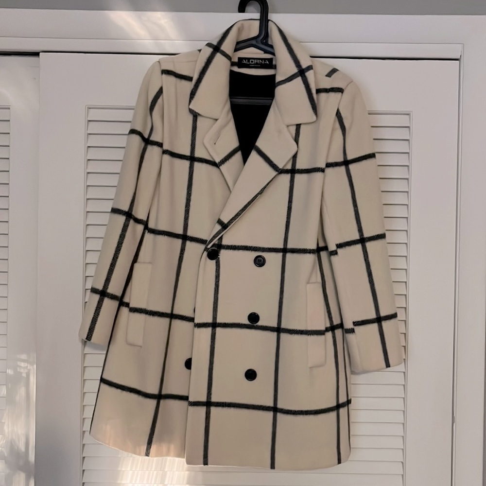 Vintage Alorna Wool Double-breasted Overcoat Women’s Large Cream w/ Black Lines